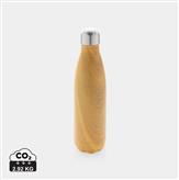 Vacuum insulated stainless steel bottle with wood print, yellow