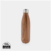Vacuum insulated stainless steel bottle with wood print, brown