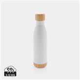 Vakuum Edelstahlfasche mit Deckel und Boden aus Bambus, weiß