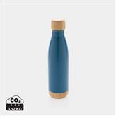 Vacuum stainless steel bottle with bamboo lid and bottom, blue