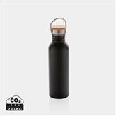 Botella moderna de acero inoxidable con tapa de bambú., negro