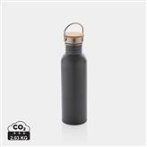Botella moderna de acero inoxidable con tapa de bambú., gris