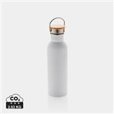 Modern stainless steel bottle with bamboo lid, white