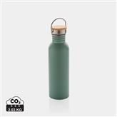 Botella moderna de acero inoxidable con tapa de bambú., verde