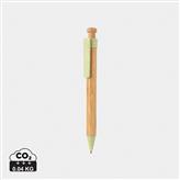 Bambus pen med clip i hvedestrå, grøn