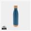 Vacuum stainless steel bottle with bamboo lid and bottom, blue